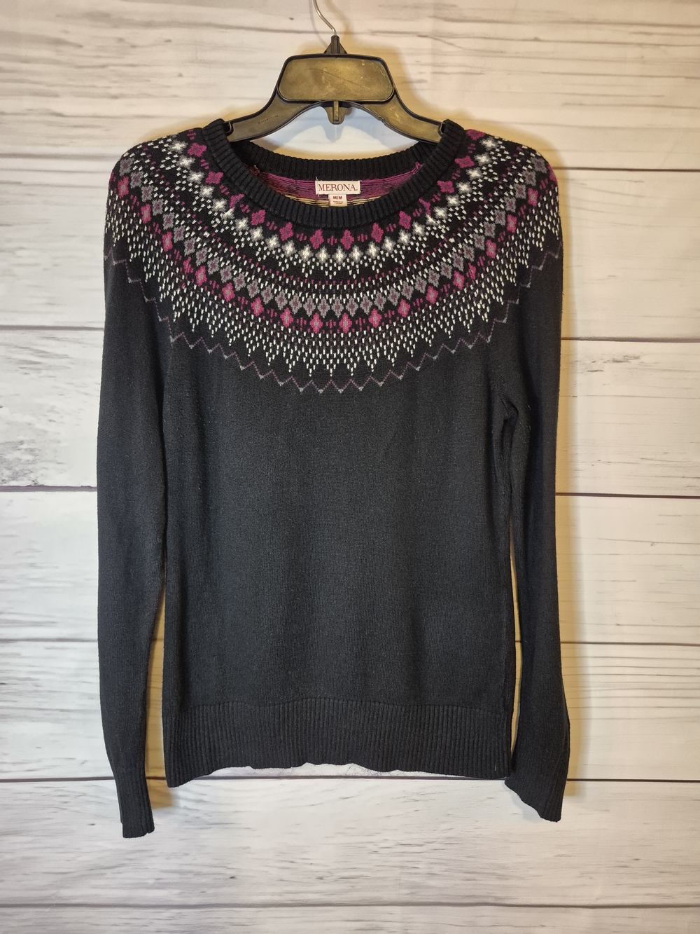 Merona Black Fair Isle Crewneck Sweater with Pink Accents